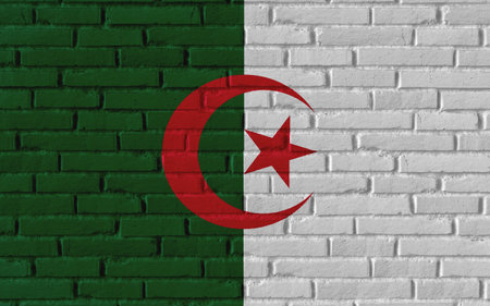 Algeria country national flag painting on old brick textured wall with cracks and concrete concept 3d rendering image realistic background bannerの写真素材