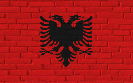 Albania country national flag painting on old brick textured wall with cracks and concrete concept 3d rendering image realistic background bannerの写真素材