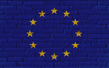 Europe Union country national flag painting on old brick textured wall with cracks and concrete concept 3d rendering image realistic background bannerの写真素材