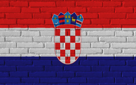 Croatia country national flag painting on old brick textured wall with cracks and concrete concept 3d rendering image realistic background bannerの写真素材