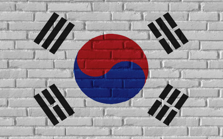 South Korea country national flag painting on old brick textured wall with cracks and concrete concept 3d rendering image realistic background bannerの写真素材