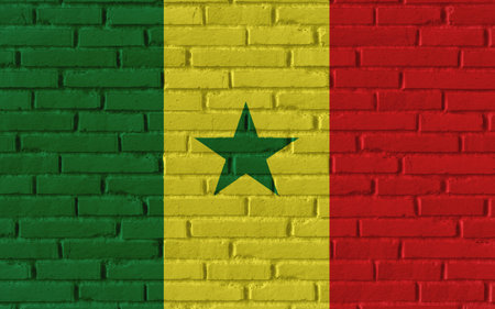 Senegal country national flag painting on old brick textured wall with cracks and concrete concept 3d rendering image realistic background bannerの写真素材