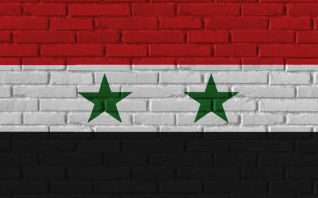 Syria country national flag painting on old brick textured wall with cracks and concrete concept 3d rendering image realistic background banner