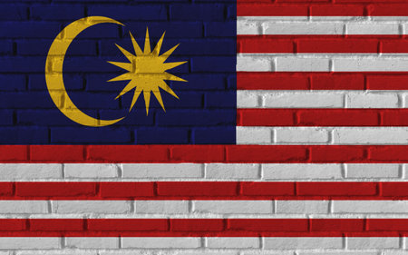 Malaysia country national flag painting on old brick textured wall with cracks and concrete concept 3d rendering image realistic background bannerの写真素材