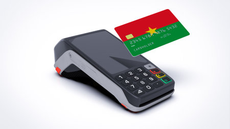 Burkina Faso country national flag on credit bank card with POS point of sale terminal payment isolated on white background with empty space 3d rendering image realistic mockupの写真素材