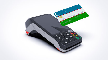 Uzbekistan country national flag on credit bank card with POS point of sale terminal payment isolated on white background with empty space 3d rendering image realistic mockupの写真素材