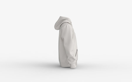 Minimalist white hoodie mockup for advertising branding and e-commerce. Unisex sweatshirtee blank canvas for customization logo or print. 3D rendering isolated image left viewの写真素材