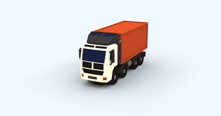 Stylized 3D render container cargo truck low poly design with cartoon-like textures. Perfect logistics transportation creative content visuals. Set against clean light background right front viewの写真素材