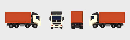 Stylized 3D render of a container cargo truck displayed from four different angles in low poly design with cartoon-like textures. Ideal for logistics, transportation visuals, and creative advertisingの写真素材