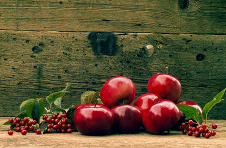 red apples and viburnum on a wooden backgroundの写真素材