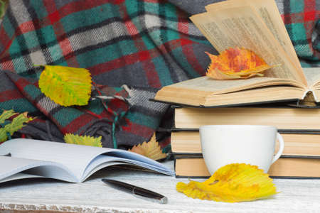 book with a cup, a pen and an open notebook on plaid background with yellow autumn leavesの写真素材