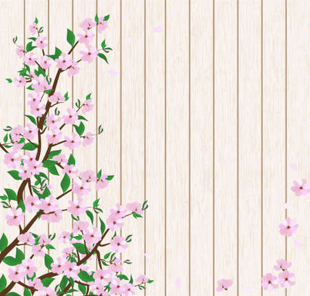 tree branch with flowers and leaves on a light wooden backgroundのイラスト素材