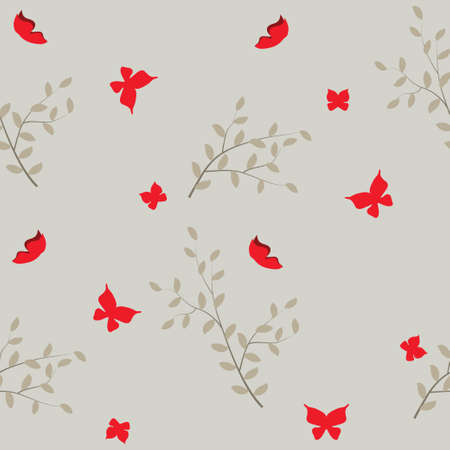 seamless pattern with butterflies and branches with leaves on a gray backgroundのイラスト素材