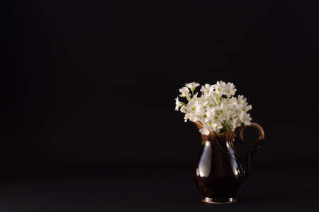 bouquet of small white flowers in a ceramic jug on a dark textural backgroundの写真素材