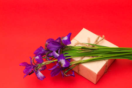 bouquet of purple iris flowers and a box with a gift on a red textural backgroundの写真素材