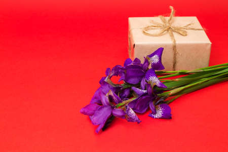 bouquet of purple iris flowers and a box with a gift on a red  backgroundの写真素材