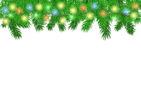 Pine branches with a luminous garland on a white backgroundのイラスト素材