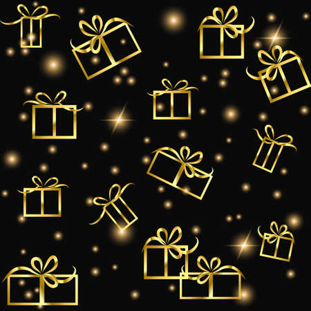 Vector seamless background of gold gifts and glow on a black background for fabric, paperのイラスト素材