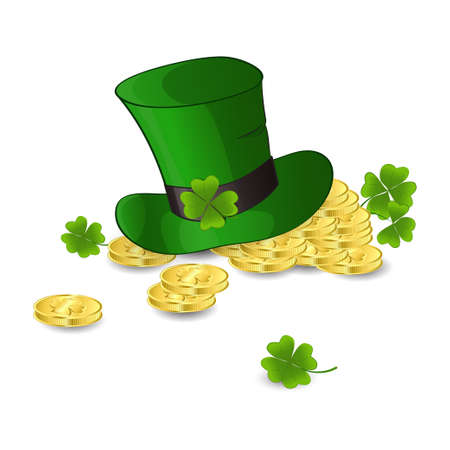 letters St. Patrick's Day. Leprechaun's hat and gold coins with green clover leavesのイラスト素材