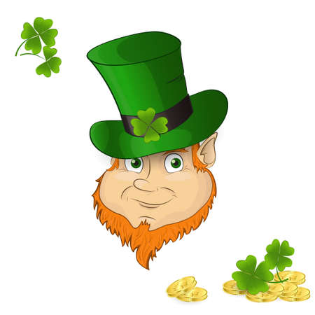 Symbol of St. Patrick's Day. Portrait of a gnome in a hat with clover leavesのイラスト素材