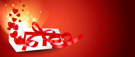 Red card with a white gift box with a red bow and ribbons and red hearts. Romantic poster with a present flashing magical explosionのイラスト素材