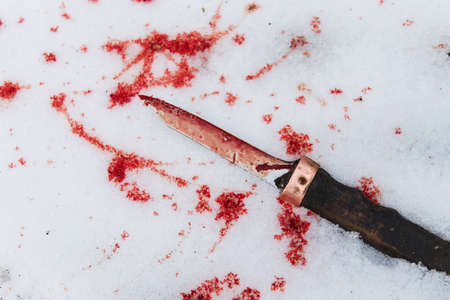 old dirty knife smeared with blood with blood drops in the snow. crime sceneの写真素材