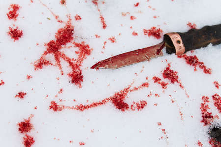 old dirty bloodied knife in the snow with drops of blood. crime sceneの写真素材