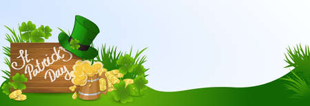 A banner St. Patricks Day with a mug of beer near a wooden shield with handwritten text on a background of gold coins with leaves of clover and grassのイラスト素材
