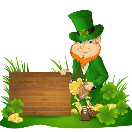 Leprikon St. patricks day with a mug of beer near a wooden shield on a background of gold coins with leaves of clover and grassのイラスト素材