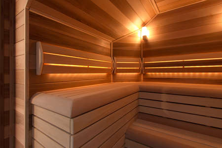 The Red Canadian Cedar Finnish Sauna spa bathroom with wooden benches and bright lightsのeditorial素材