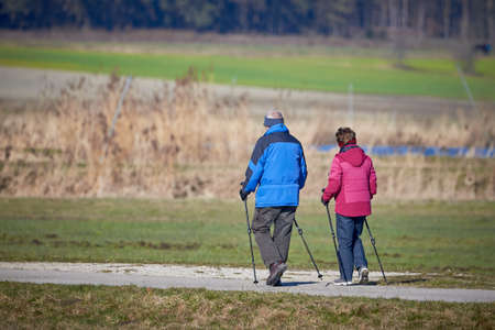 Unidentified Senior couple, man and woman walking in a natural park using trekking polesの写真素材