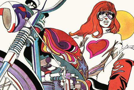 Turin, Italy - 1970: exercise book cover, biker girl, illustration by Marco Rostagnoのeditorial素材