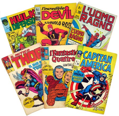 Italy - 1970-1971: first edition of Marvel comic books, cover of Hulk, Daredevil, Spider-Man, Thor, Fantastic 4, Captain Americaのeditorial素材
