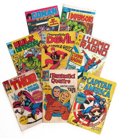 Italy - 1970-1975: first edition of Marvel comic books, cover of Hulk, Daredevil, Spider-Man, Thor, Fantastic 4, Captain America, Conan, Defendersのeditorial素材