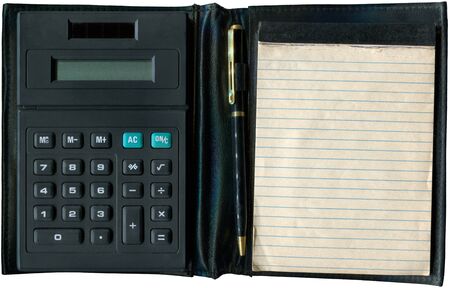 Calculator with notepad and penの写真素材