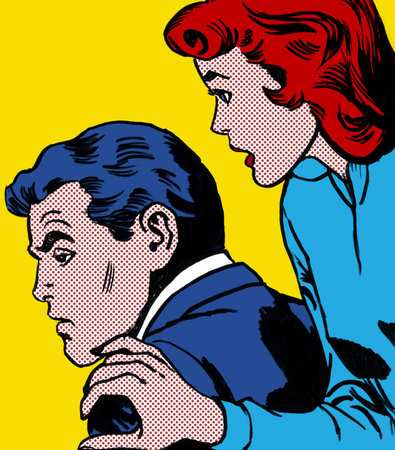 illustration of a couple in the style of 60s comic books, pop artの写真素材