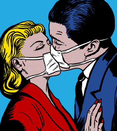 pandemic kissing couple, in the style of 60s comic books, pop artの写真素材