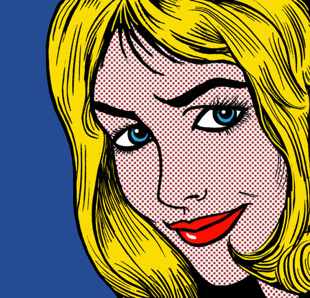 illustration of a girl face in the style of 60s comic books, pop artの写真素材