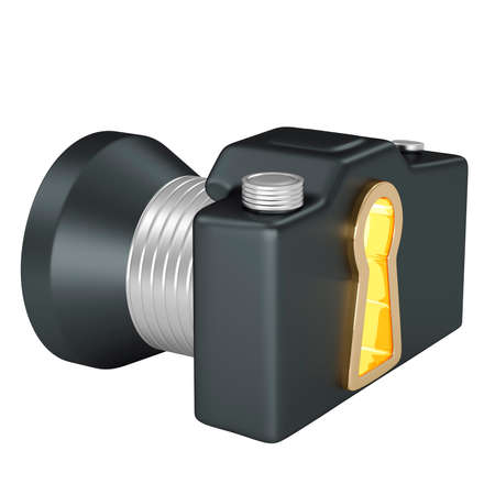 Camera with lock on white backgroundの写真素材