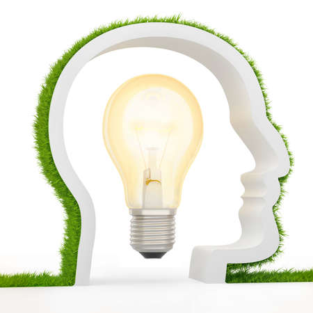 Shape of human head with Light bulb on White backgroundの写真素材
