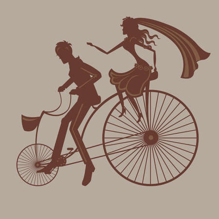 Beautiful illustration with happy married couple on the bicycleのイラスト素材