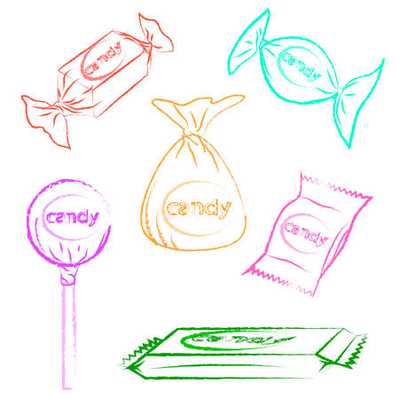 Set of six colorful candy stylized pencil sketch. Vector illustrationのイラスト素材