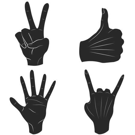 Set of monochrome silhouettes of hands in different poses indicating a good mood. Vector illustrationのイラスト素材