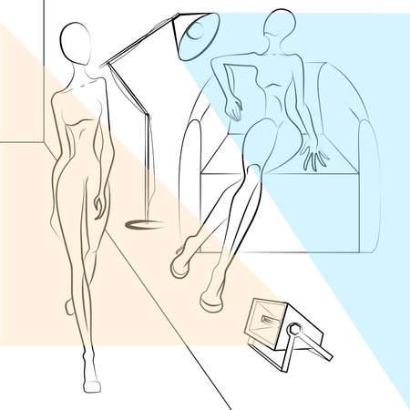 Set of 2 models on the podium and on the couch with standard lamp and projector emit light. Vector illustrationのイラスト素材