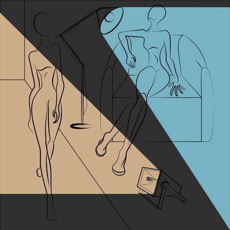 Set of 2 models on the podium and on the couch with standard lamp and projector emit light. Vector illustrationのイラスト素材