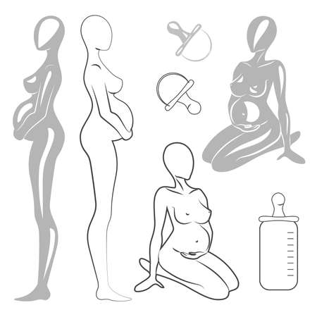 Set of simple monochrome silhouettes of pregnant women and baby pacifiers. Vector illustrationのイラスト素材