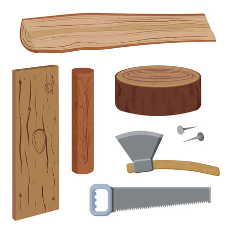 Set of wood and tools to work on wood, in a simplified style, with detail. Firewood, Axe, Saw, Nails, Stump. Vector illustrationのイラスト素材