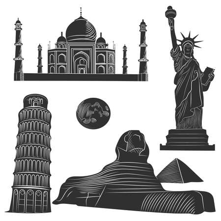 Set of world famous architectural landmarks of various countries, monochrome with detailed. Vector illustrationのイラスト素材