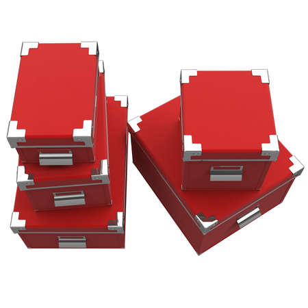 Boxes are arranged on one another, shiny chrome. Metal corners with rivets. Chrome handles. 3D...