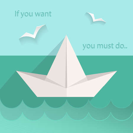 Motivating card into flat style. The sea ship, birds, waves, text. Vector Illustrationのイラスト素材